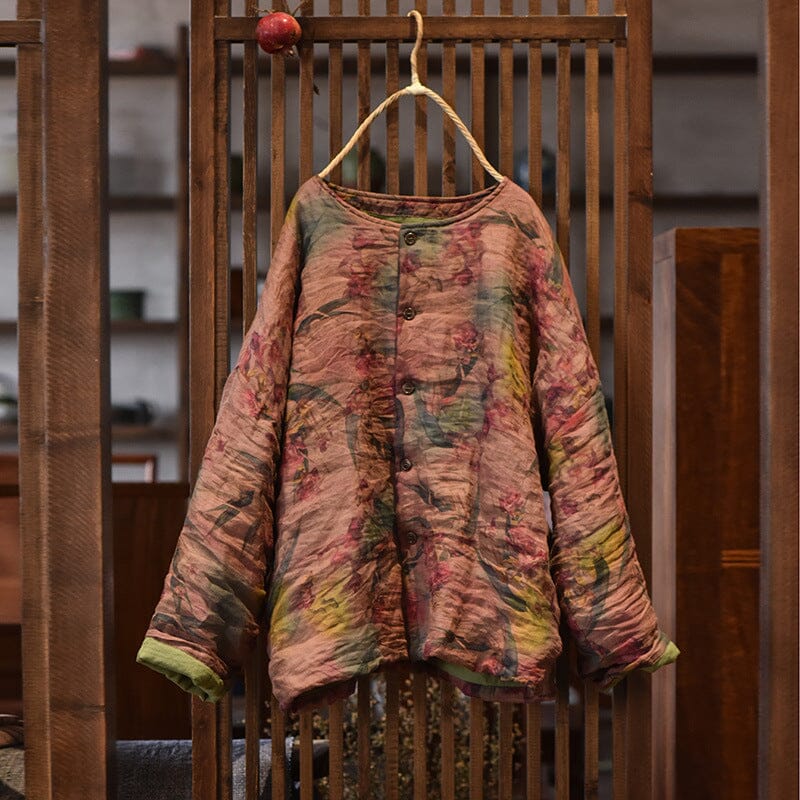 Women Retro Floral Pleated Loose Linen Quilted Coat