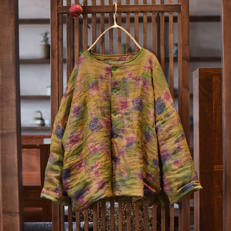 Women Retro Floral Pleated Loose Linen Quilted Coat