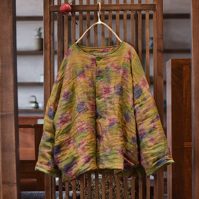 Women Retro Floral Pleated Loose Linen Quilted Coat