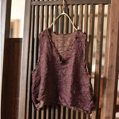 Women Retro Floral Print Linen Vest Jan 2024 New Arrival Purple One Size 