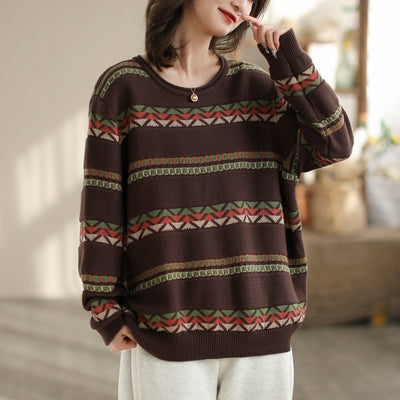 Women Retro Jacquard Cotton Knitted Cardigan Dec 2023 New Arrival One Size Coffee 