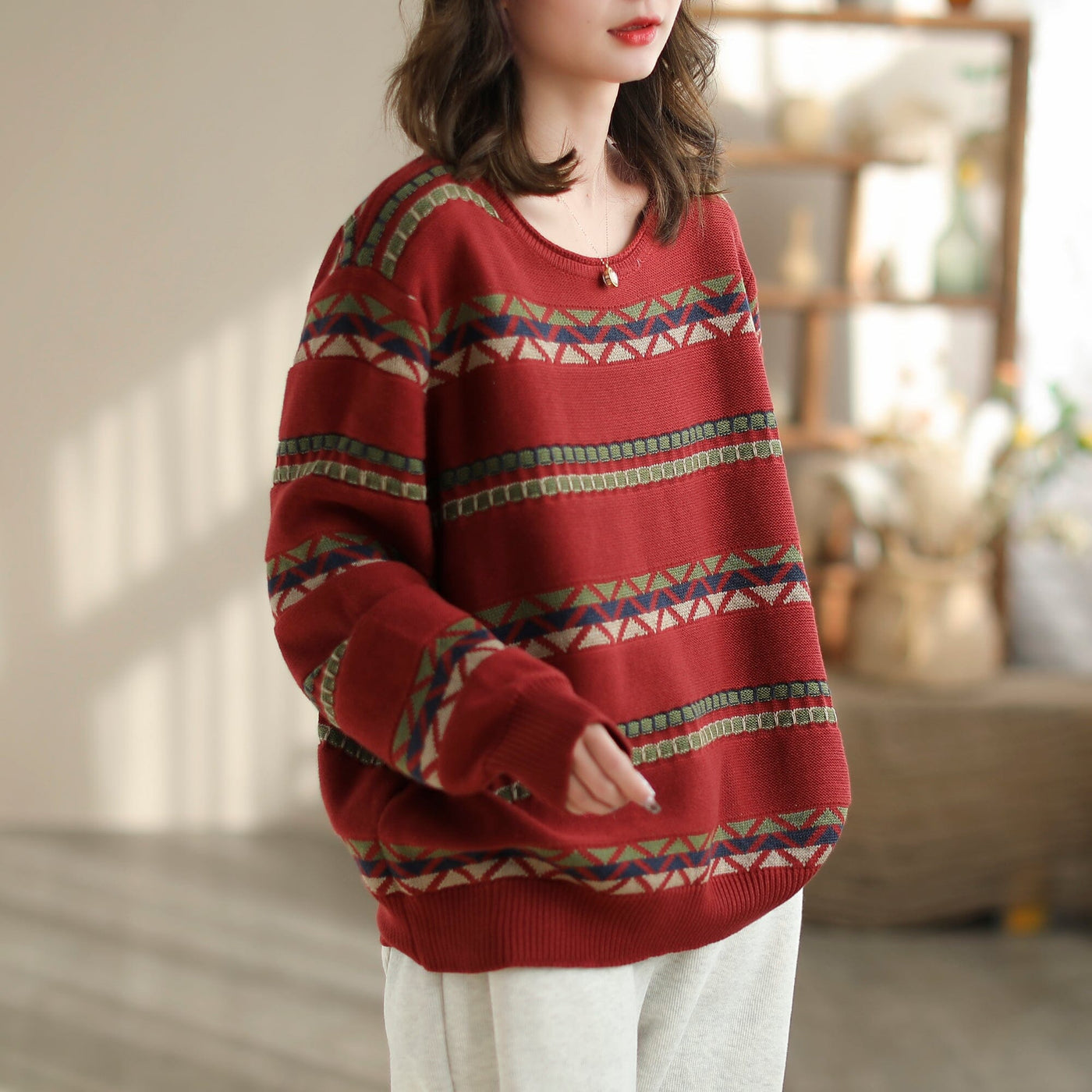 Women Retro Jacquard Cotton Knitted Cardigan Dec 2023 New Arrival One Size Red 