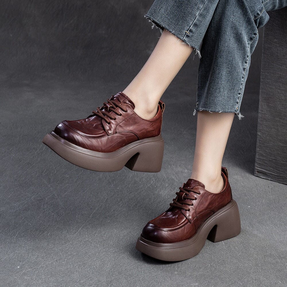 Women Retro Leather Chunky Platform Casual Shoes