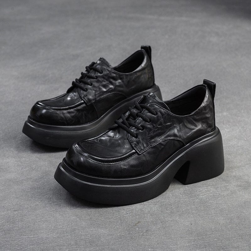 Women Retro Leather Chunky Platform Casual Shoes