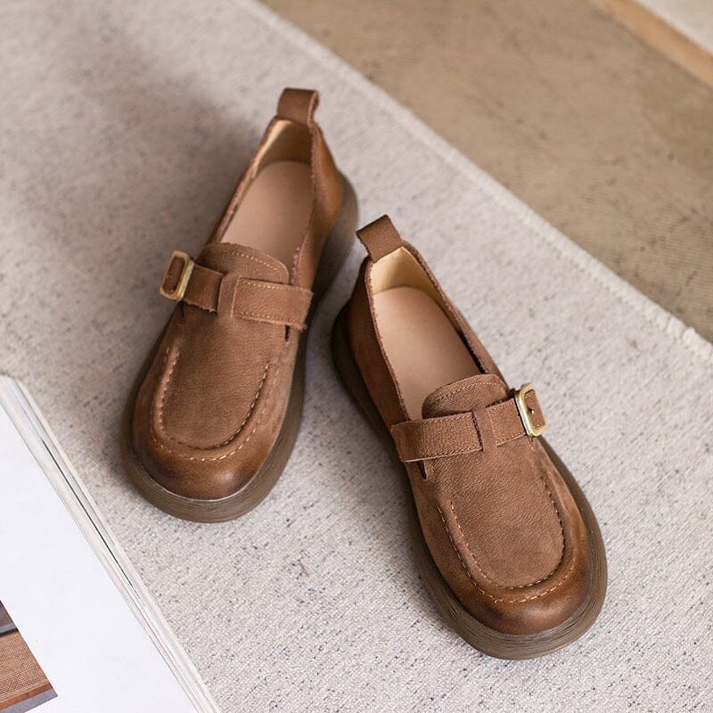 Women Retro Leather Flat Casual Shoes Jan 2024 New Arrival Brown 35 
