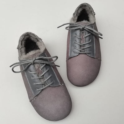 Women Retro Leather Winter Furred Flat Casual Shoes