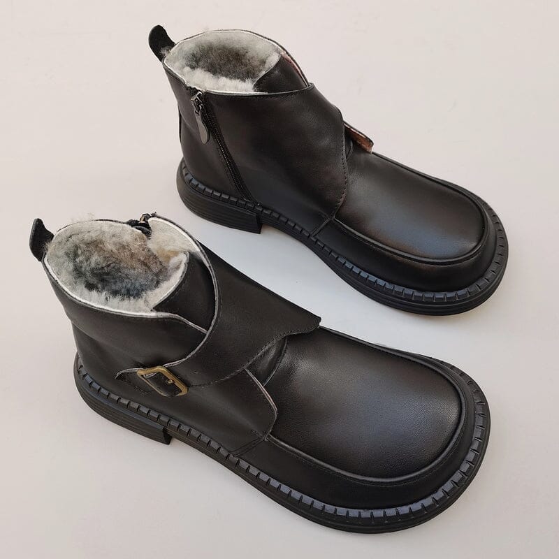 Women Retro Leather Winter Furred Work Boots Nov 2023 New Arrival 39 Black 