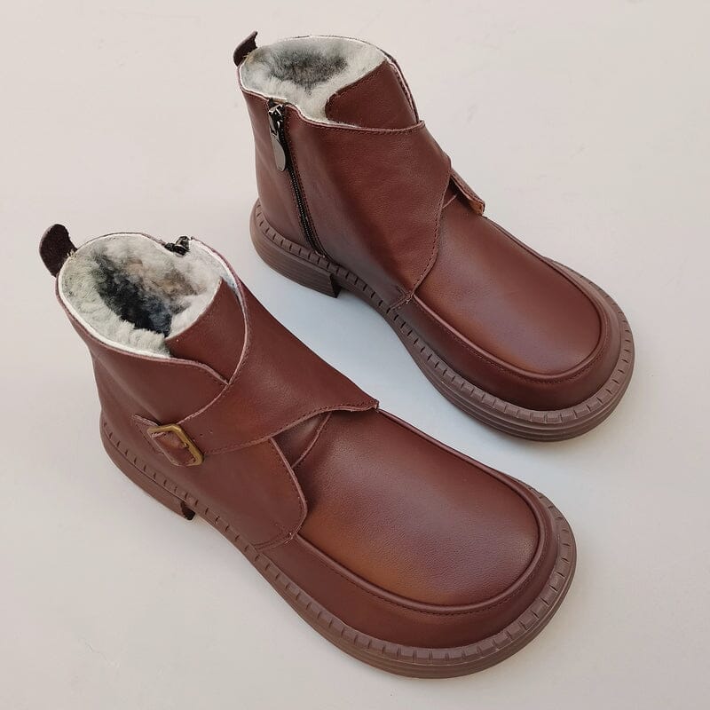 Women Retro Leather Winter Furred Work Boots Nov 2023 New Arrival 39 Coffee 