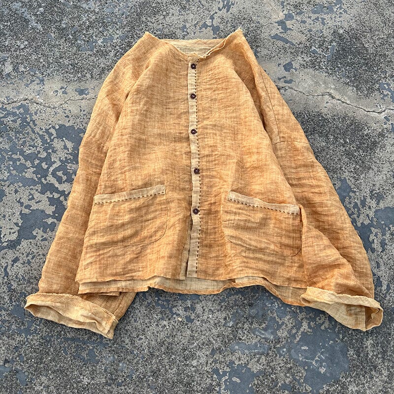 Women Retro Loose Casual Linen Blouse Jan 2024 New Arrival Yellow One Size 