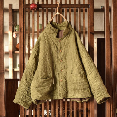 Women Retro Loose Linen Quilted Coat Dec 2023 New Arrival Green One Size 