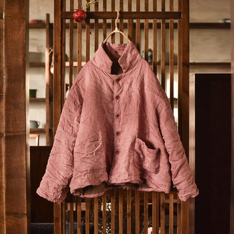 Women Retro Loose Linen Quilted Coat Dec 2023 New Arrival Red One Size 