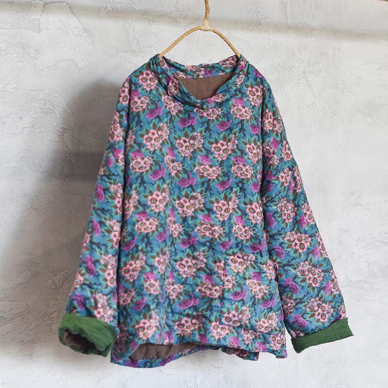 Women Retro Loose Print Linen Quilted Pull-Over Coat