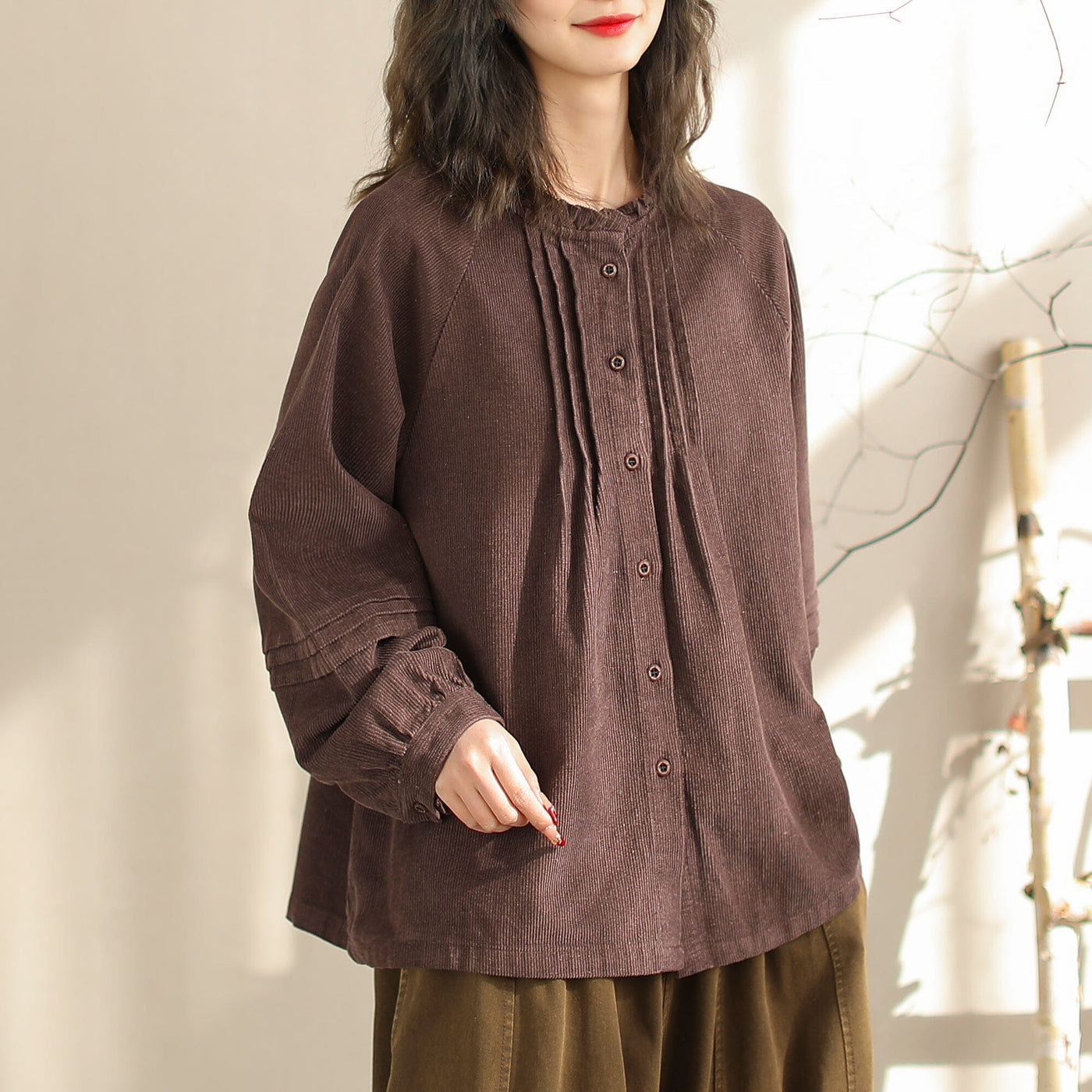 Women Retro Loose Solid Casual Corduroy Blouse Jan 2024 New Arrival One Size Coffee 