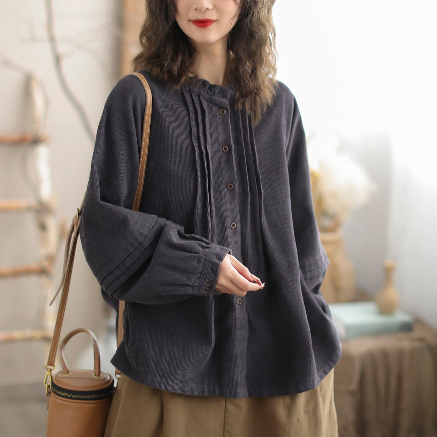 Women Retro Loose Solid Casual Corduroy Blouse Jan 2024 New Arrival One Size Gray 