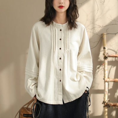 Women Retro Loose Solid Casual Corduroy Blouse Jan 2024 New Arrival One Size White 