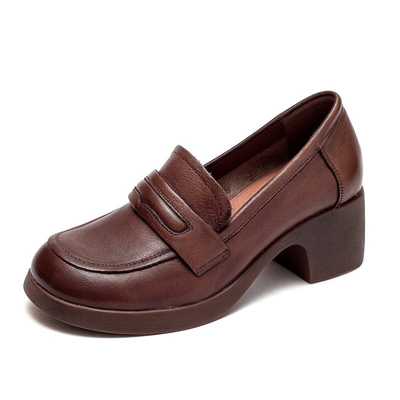 Women Retro Minimalist Leather Chunky Heel Loafers