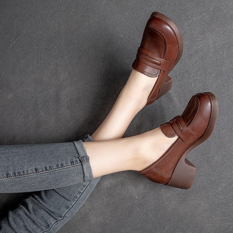 Women Retro Minimalist Leather Chunky Heel Loafers