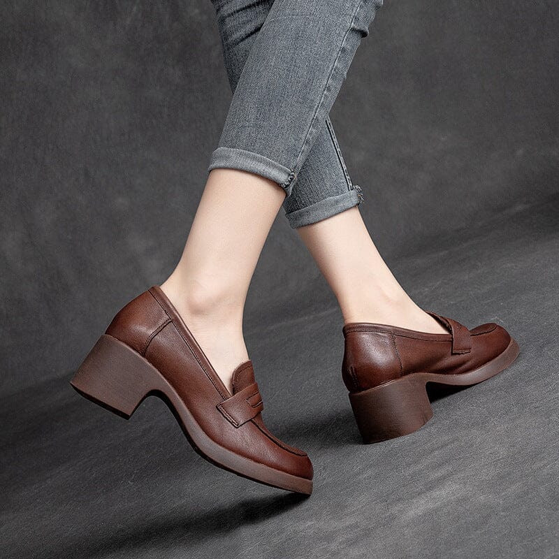 Women Retro Minimalist Leather Chunky Heel Loafers
