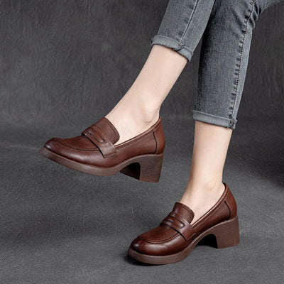 Women Retro Minimalist Leather Chunky Heel Loafers Dec 2023 New Arrival 