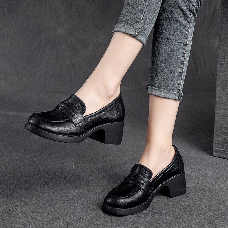 Women Retro Minimalist Leather Chunky Heel Loafers Dec 2023 New Arrival Black 35 