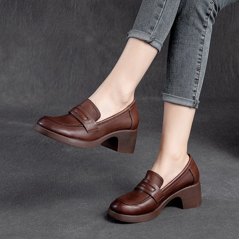 Women Retro Minimalist Leather Chunky Heel Loafers Dec 2023 New Arrival Brown 35 
