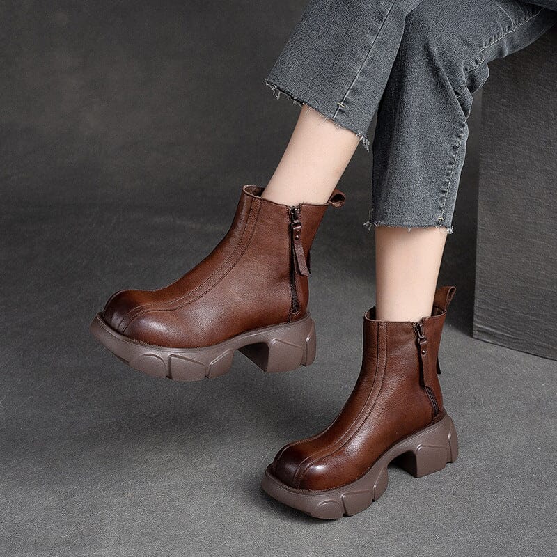 Women Retro Minimalist Leather Chunky Platform Boots Dec 2023 New Arrival 