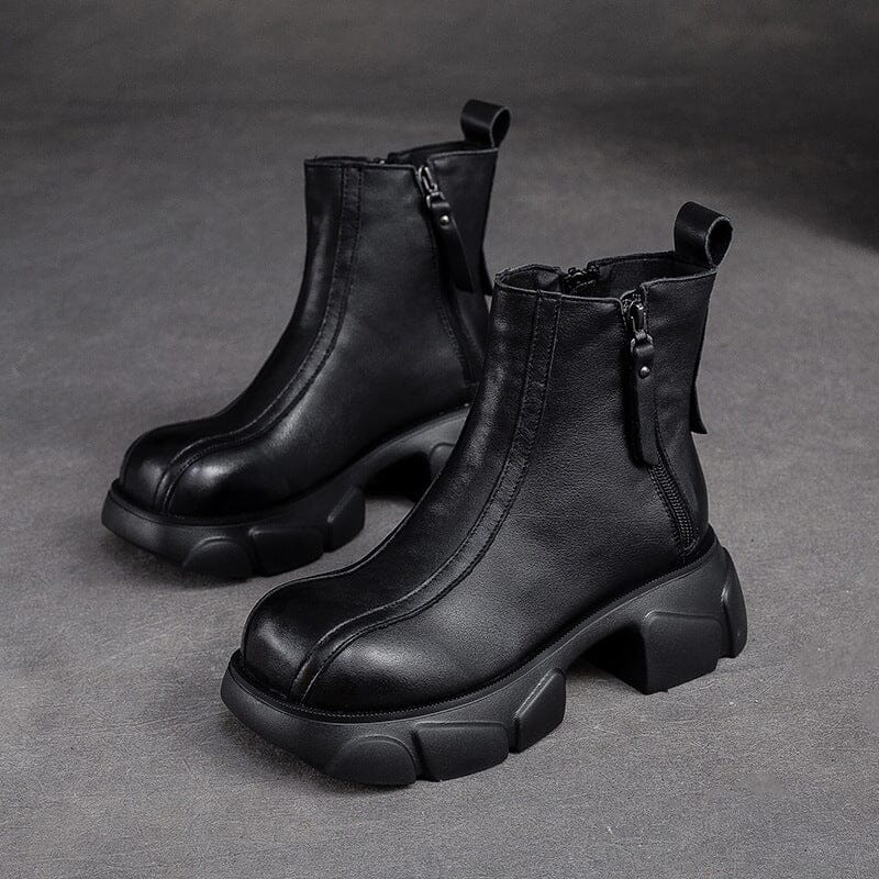 Women Retro Minimalist Leather Chunky Platform Boots