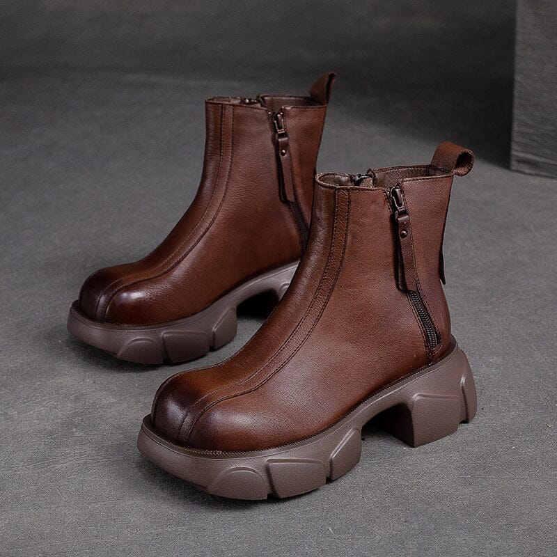 Women Retro Minimalist Leather Chunky Platform Boots Dec 2023 New Arrival Coffee 35 