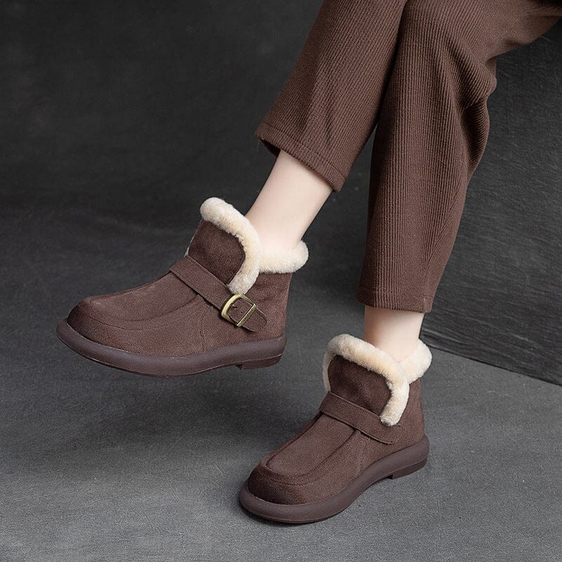 Women Retro Minimalist Leather Furred Snow Boots Nov 2023 New Arrival 