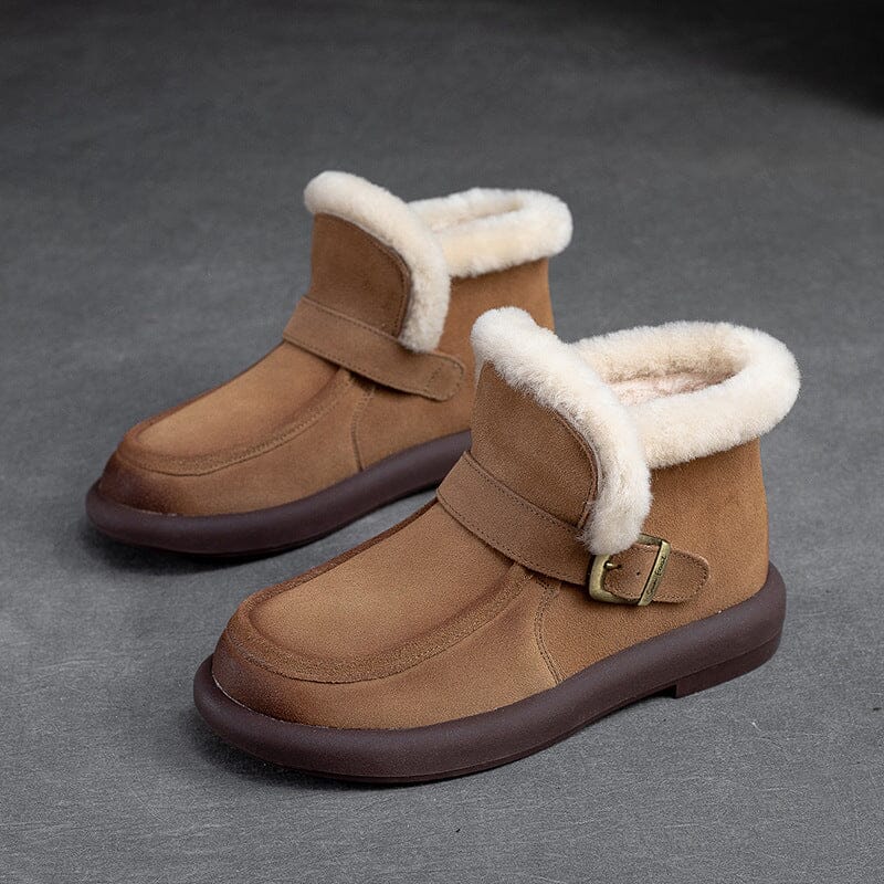 Women Retro Minimalist Leather Furred Snow Boots Nov 2023 New Arrival Khaki 35 