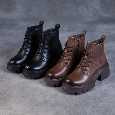 Women Retro Minimalist Soft Leather Chunky Platform Boots
