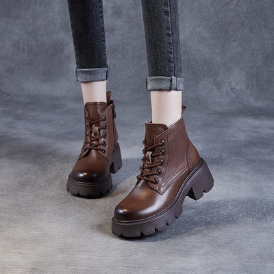 Women Retro Minimalist Soft Leather Chunky Platform Boots