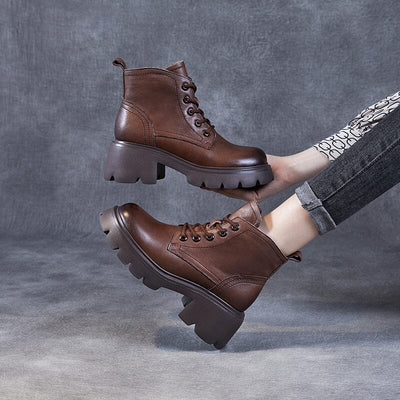 Women Retro Minimalist Soft Leather Chunky Platform Boots