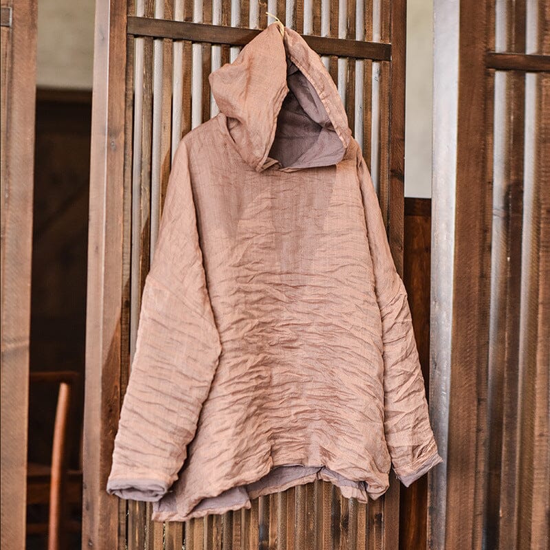 Women Retro Pleated Spring Linen Hoodie