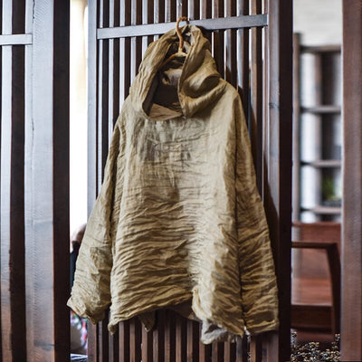 Women Retro Pleated Spring Linen Hoodie