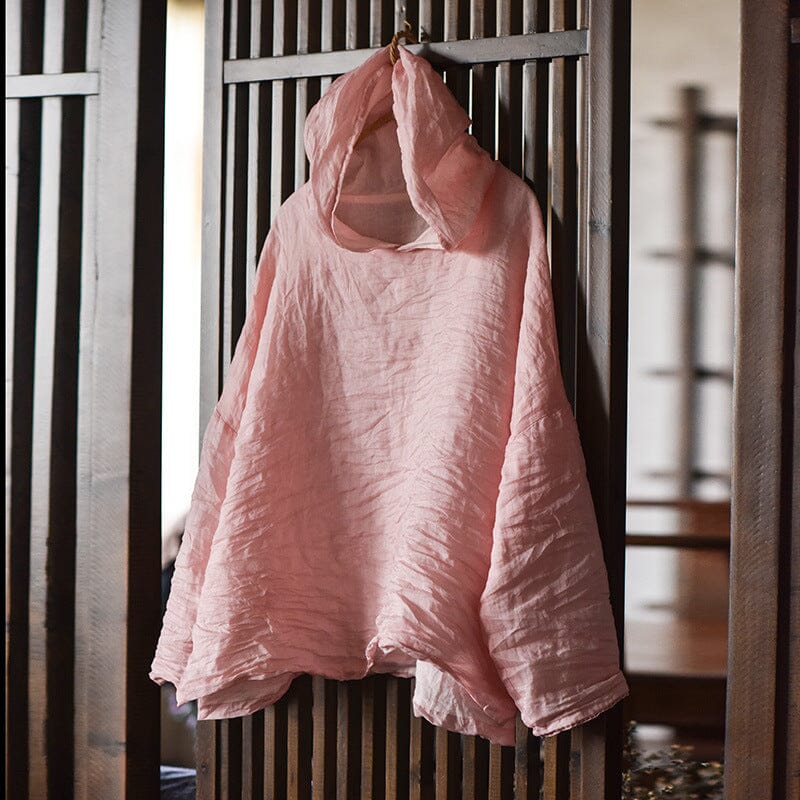 Women Retro Pleated Spring Linen Hoodie