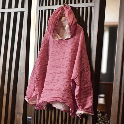 Women Retro Pleated Spring Linen Hoodie