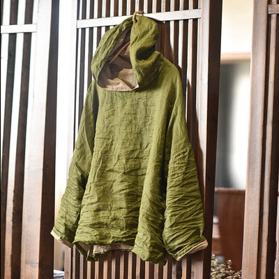 Women Retro Pleated Spring Linen Hoodie