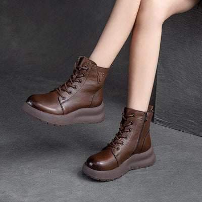 Women Retro Solid Leather Furred Winter Boots