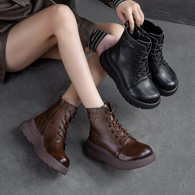 Women Retro Solid Leather Furred Winter Boots