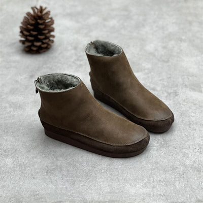 Women Retro Solid Leather Winter Furred Flat Boots