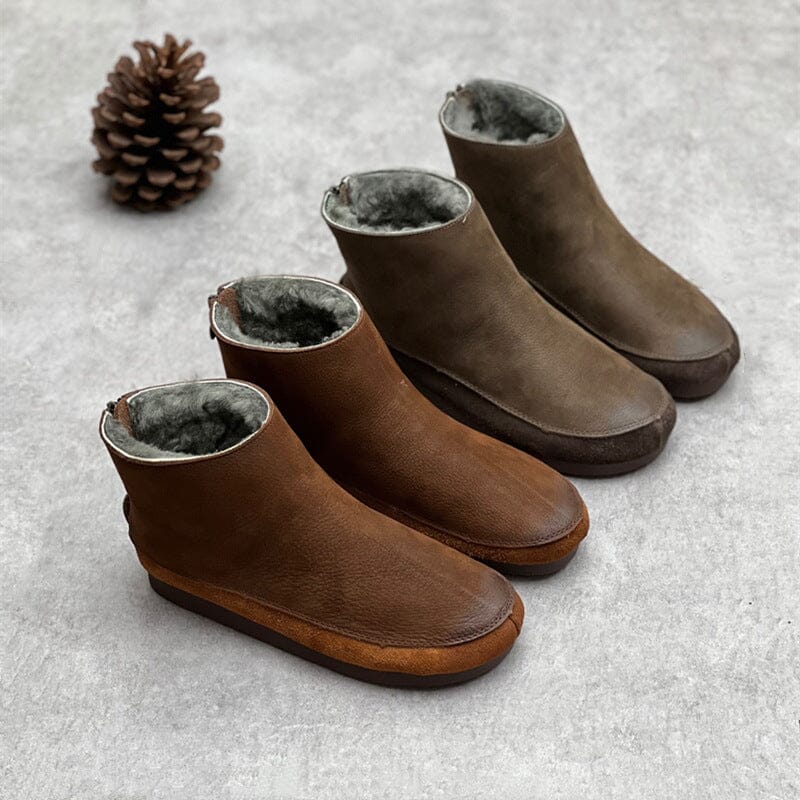 Women Retro Solid Leather Winter Furred Flat Boots