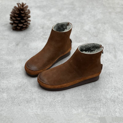 Women Retro Solid Leather Winter Furred Flat Boots Nov 2023 New Arrival 