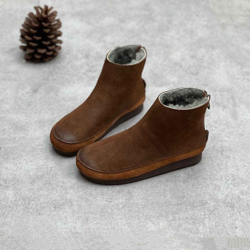 Women Retro Solid Leather Winter Furred Flat Boots Nov 2023 New Arrival Coffee 35 