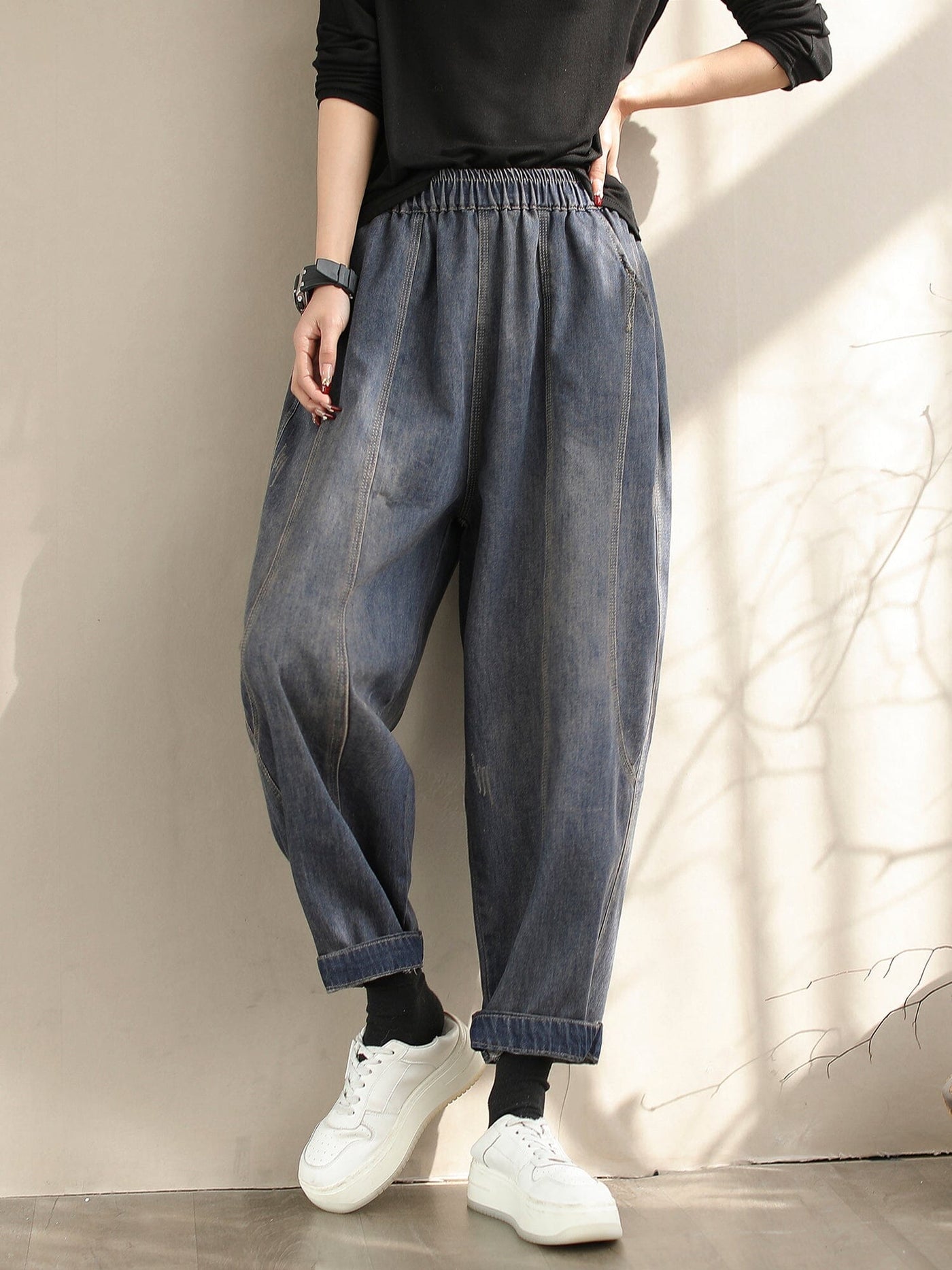 Women Retro Spring Casual Loose Cotton Jeans Jan 2024 New Arrival Blue M 
