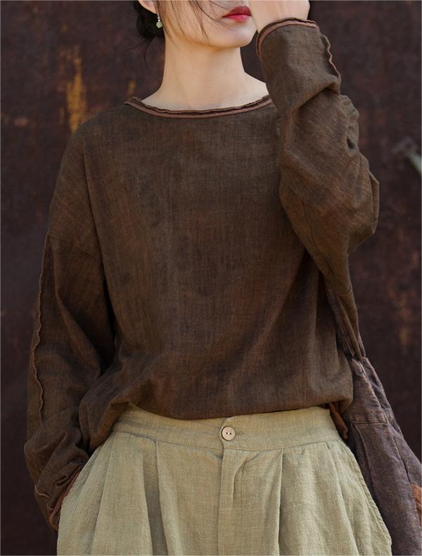 Women Solid Color Loose Retro Cotton T-Shirt