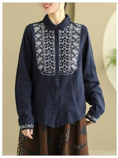 Women Spring Casual Embroidery Cotton Blouse