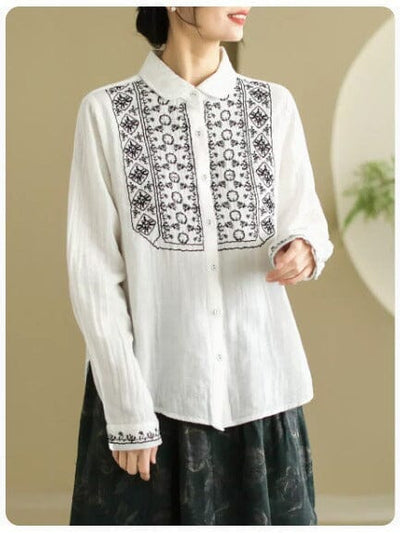 Women Spring Casual Embroidery Cotton Blouse
