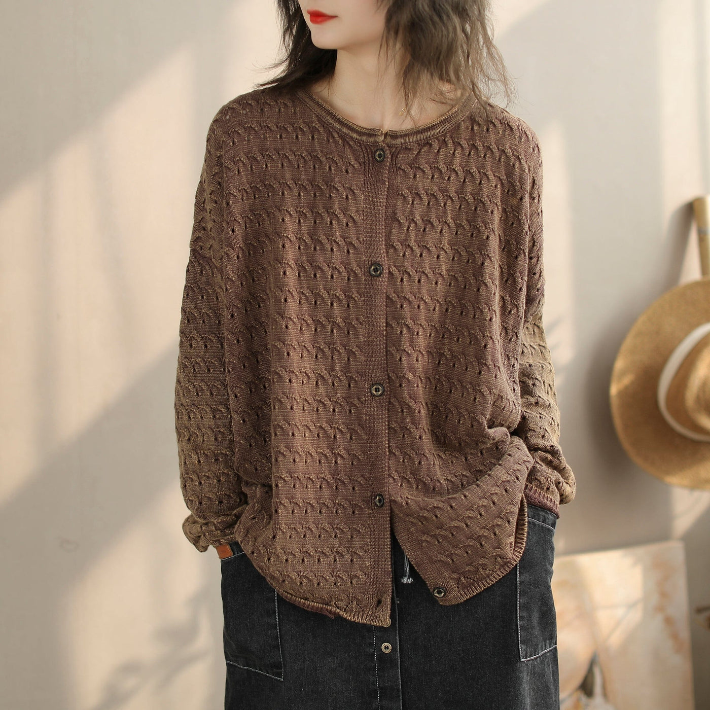 Women Spring Casual Jacquard Knitted Cardigan Jan 2024 New Arrival One Size Coffee 