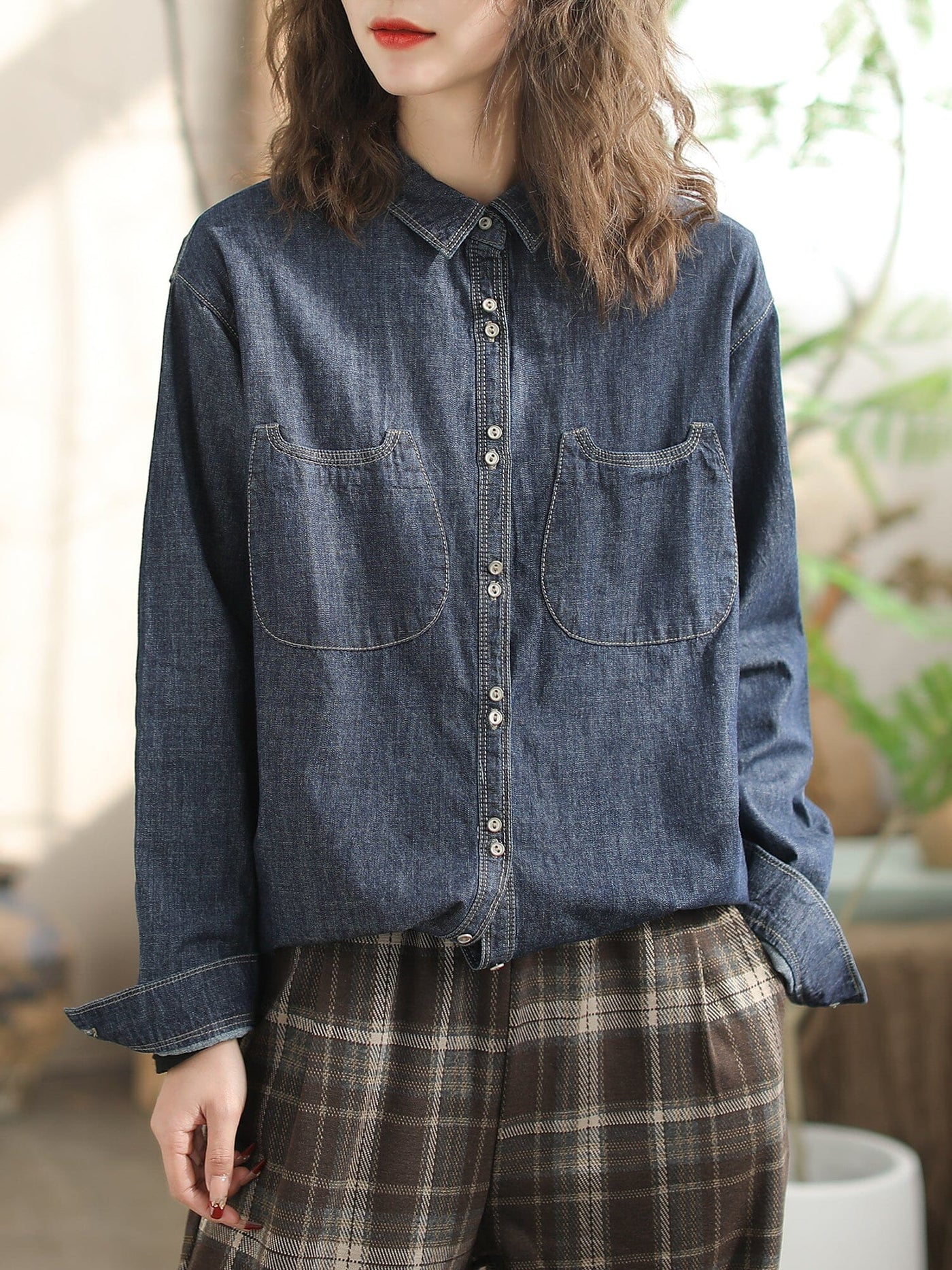 Women Spring Casual Long Sleeve Cotton Denim Blouse Jan 2024 New Arrival Blue One Size 